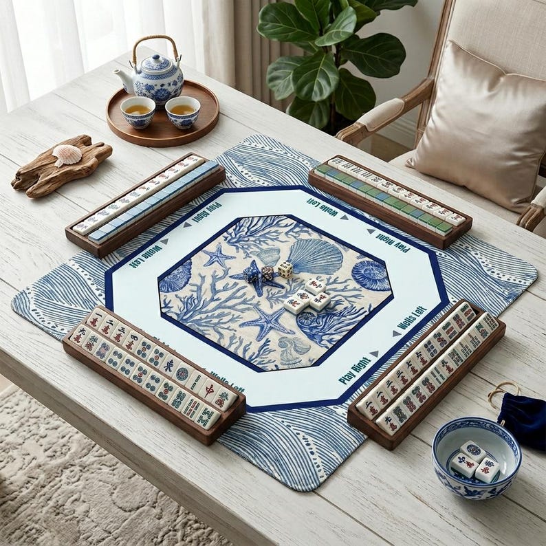 Functional mah jongg mat with clear directional indicators for Play Right and Walls Left. These mahjong mats help players stay organized during gameplay while the soft surface muffles the sound of tiles for a better experience.