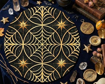 Round Halloween Mahjong Mat – Black & Gold Celestial Mah Jongg Table Mat | Mahjong Gift, Mahjong Accessories, American Mahjong