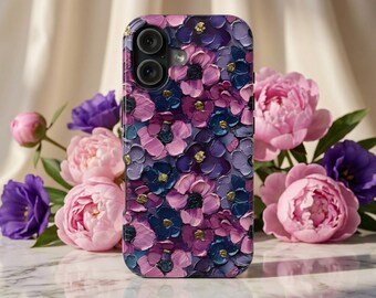 Custodia per telefono IMPASTO / Custodia per iPhone con fiori rosa e viola / Custodia estetica di lusso / Regalo di tendenza per lei
