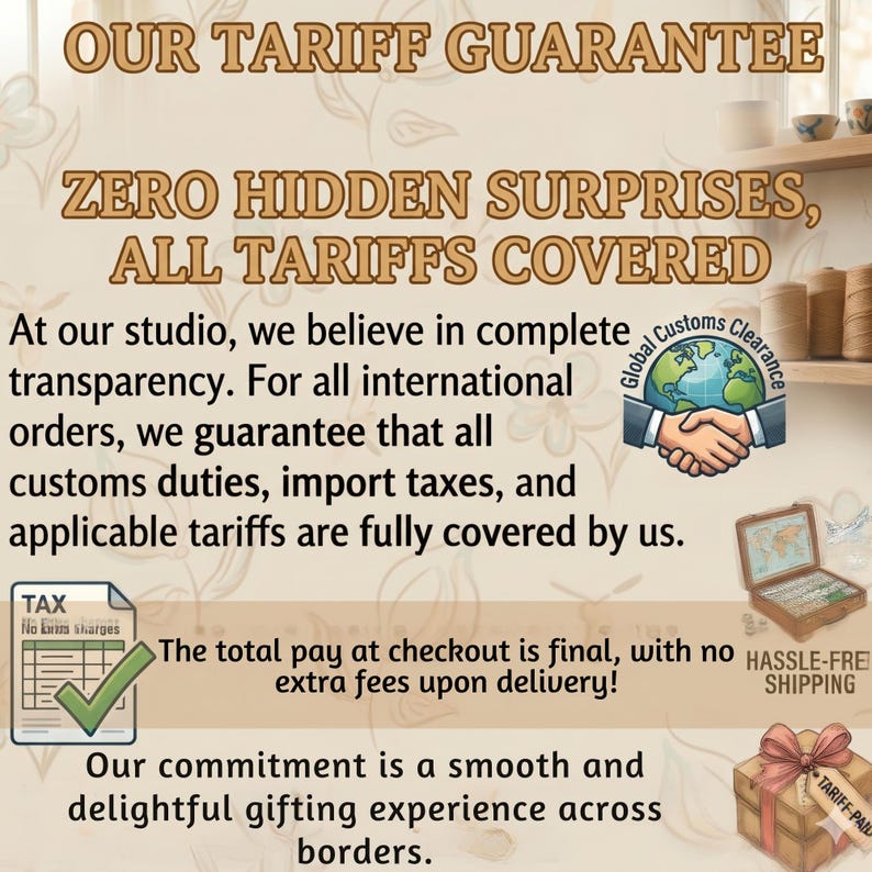 May include: An informational graphic titled OUR TARIFF GUARANTEE, ZERO HIDDEN SURPRISES, ALL TARIFFS COVERED. It explains that all international customs duties, import taxes, and tariffs are covered, featuring a globe icon with a handshake.