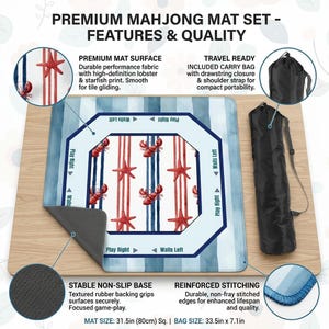 Puede incluir: Juego de tapete de mahjong con estampado de langosta y estrella de mar. La alfombra tiene una base antideslizante y costuras reforzadas. Incluye una bolsa de transporte. Tama&ntilde;o de la alfombra: 80 cm.