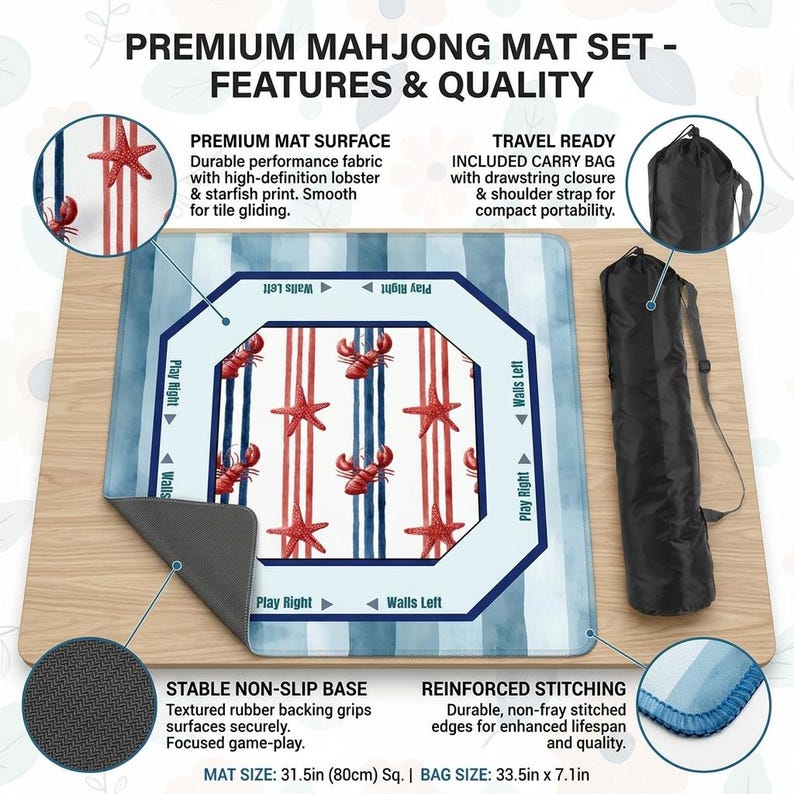 Puede incluir: Juego de tapete de mahjong con estampado de langosta y estrella de mar. La alfombra tiene una base antideslizante y costuras reforzadas. Incluye una bolsa de transporte. Tama&ntilde;o de la alfombra: 80 cm.