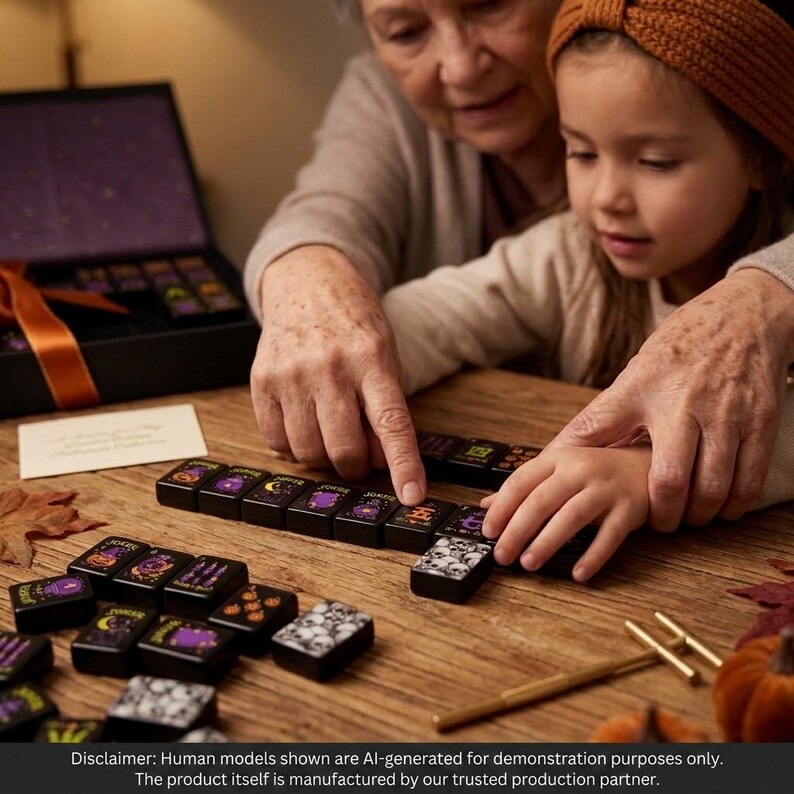 May include: A set of black mahjong tiles featuring colorful Halloween-themed illustrations including pumpkins, skulls, and purple accents. The tiles are arranged on a wooden surface alongside a black storage box with an orange ribbon.