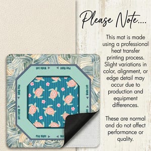 May include: A square mat with a teal and coral turtle pattern, surrounded by a light green border and a leafy design. The text "Please Note..." is visible.