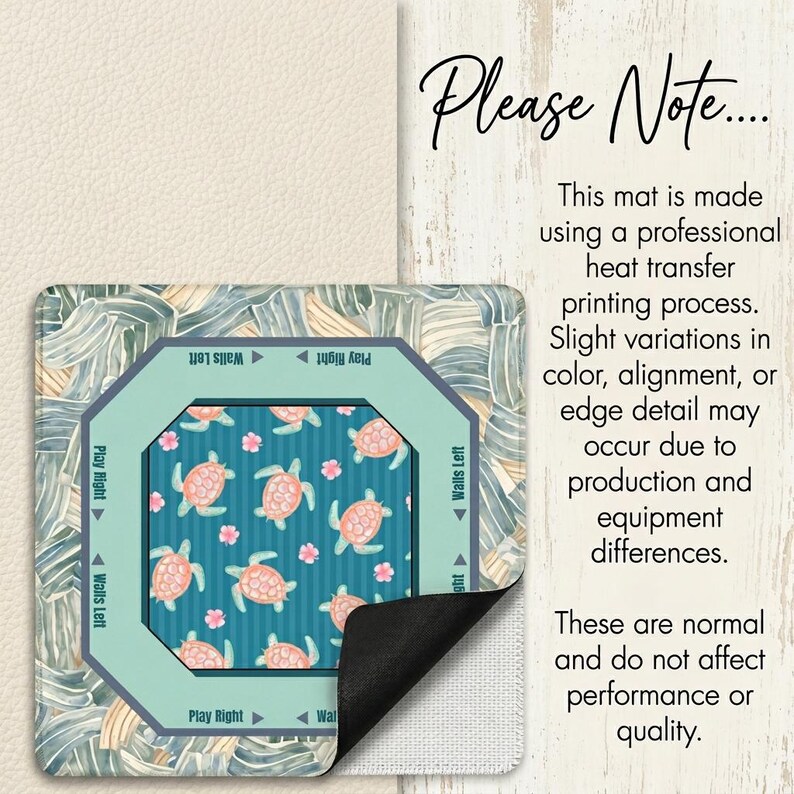 May include: A square mat with a teal and coral turtle pattern, surrounded by a light green border and a leafy design. The text "Please Note..." is visible.
