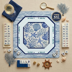 The perfect mahjong gift ideas for coastal lovers featuring a blue starfish and coral ocean theme. This mah jongg mat is an ideal birthday gift for her or any enthusiastic mahjong player looking for unique game room accessories.