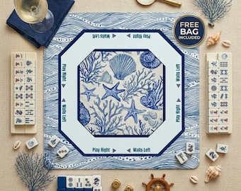 Mah Jongg Mat Coastal Starfish Blue Wave, Mahjong Accessories, Mahjong Gift Ideas Non-Slip Mahjong Mats for Game Night