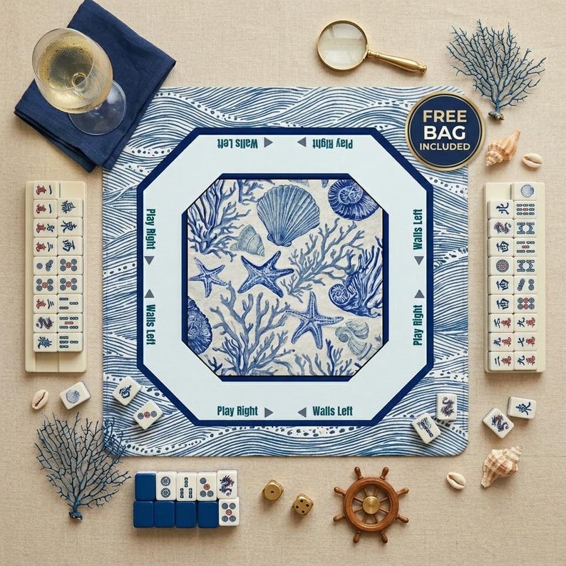 The perfect mahjong gift ideas for coastal lovers featuring a blue starfish and coral ocean theme. This mah jongg mat is an ideal birthday gift for her or any enthusiastic mahjong player looking for unique game room accessories.