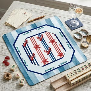 Coastal chic meets game night with this blue and white striped mah jongg mat. It is one of the most stylish mahjong mats for players who love beach house decor, summer themes, and unique illustrated game accessories.
