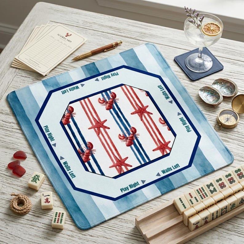 Coastal chic meets game night with this blue and white striped mah jongg mat. It is one of the most stylish mahjong mats for players who love beach house decor, summer themes, and unique illustrated game accessories.