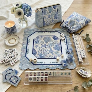 American Mahjong Tiles with Custom Backs, Blue & White Coral Shell Tile Set with Mahjong Mat, Card Holders and Tile Bag image 6