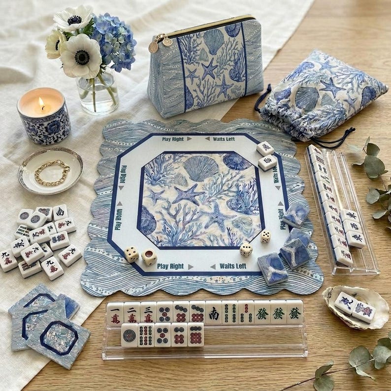 American Mahjong Tiles with Custom Backs, Blue & White Coral Shell Tile Set with Mahjong Mat, Card Holders and Tile Bag image 6
