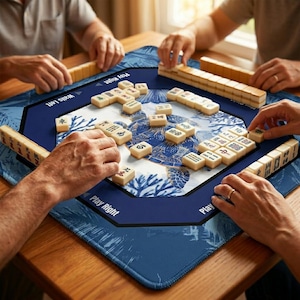 Enhance your game room with this coastal mahjong mat featuring a watercolor sea turtle and coral design. A stylish addition to your collection of mahjong accessories that complements beach house or tropical home decor.