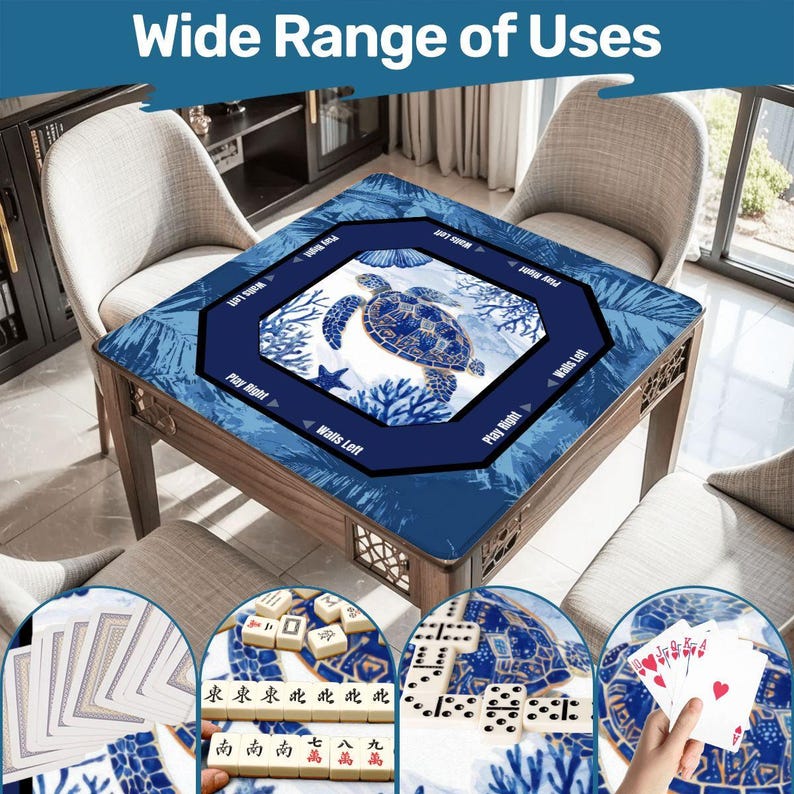 Sea Turtle Mahjong Mat - Blue Coastal Mah Jongg Mat for Game Night, Mahjong Accessories, Mahjong Gift Ideas, Premium Mahjong Table Mat image 8