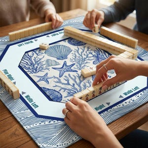 Premium quality mahjong mat with a durable fabric top and non-slip rubber backing. These mah jongg mats protect your table and tiles while providing a professional playing surface with high-definition ocean wave and seashell prints.