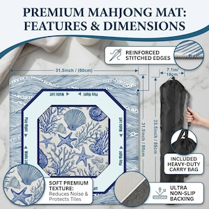 May include: Premium Mahjong mat with dimensions of 31.5 inches by 31.5 inches (80cm x 80cm). The mat features a blue and white seashell design, reinforced stitched edges, and an ultra non-slip backing. Includes a heavy-duty carry bag.