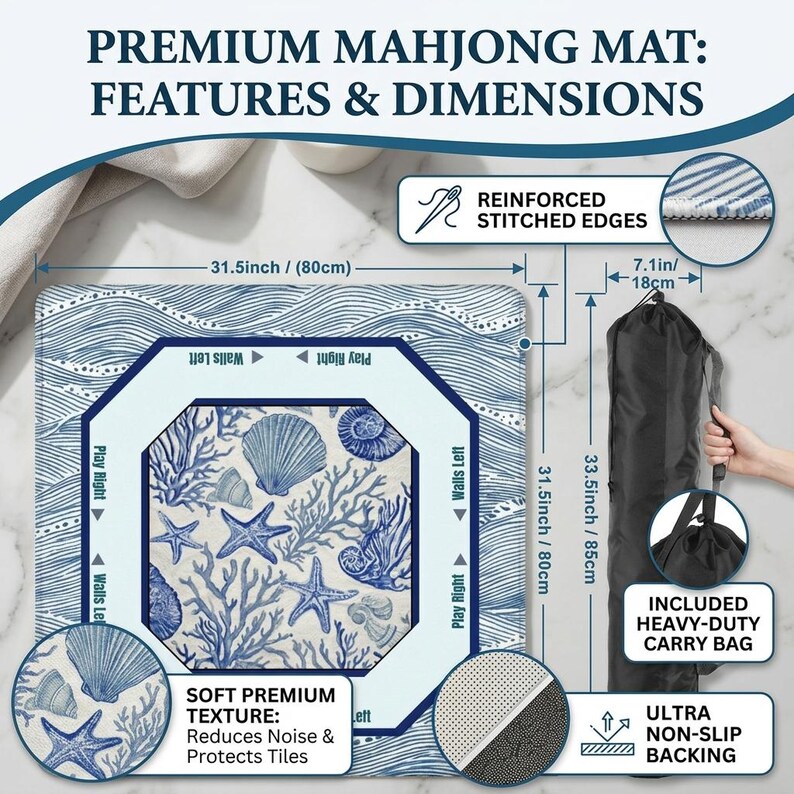 May include: Premium Mahjong mat with dimensions of 31.5 inches by 31.5 inches (80cm x 80cm). The mat features a blue and white seashell design, reinforced stitched edges, and an ultra non-slip backing. Includes a heavy-duty carry bag.