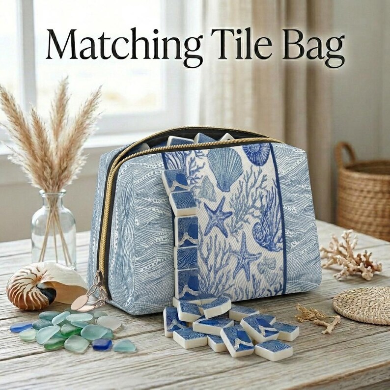 American Mahjong Tiles with Custom Backs, Blue & White Coral Shell Tile Set with Mahjong Mat, Card Holders and Tile Bag image 9