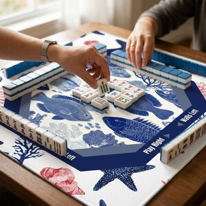 Premium quality mah jongg mats featuring a durable non-slip surface and vibrant oceanic print. This mahjong mat is built for longevity and protects your table and tiles.