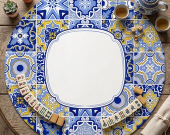 Round Mahjong Mat | Mediterranean Tile Design | Mahjong Table Mat with Carry Bag | Mahjong Gift Idea, Mah Jongg Accessories