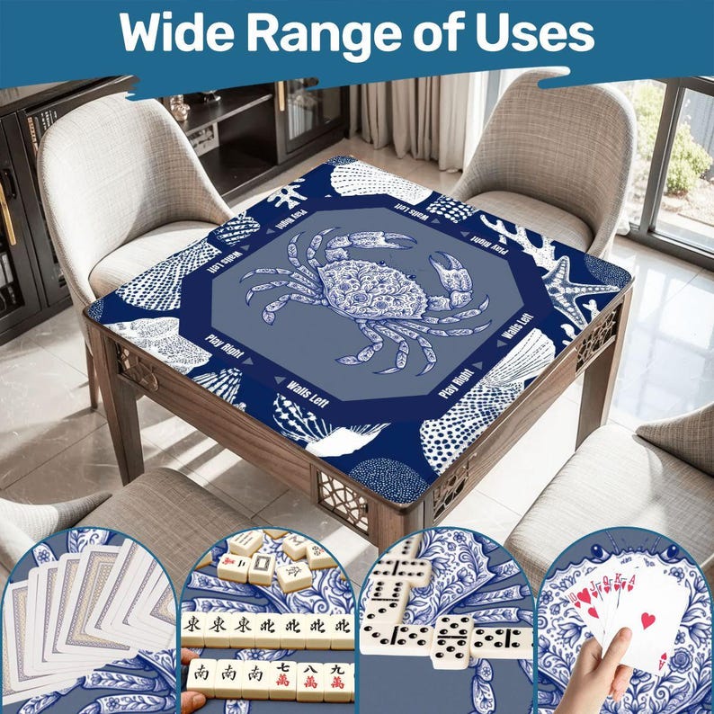 Mah Jongg Mat with Crab Design, Mahjong Mats for Game Night, Mahjong Accessories, Blue Coastal Mah Jongg Mats, Mahjong Gift Ideas, Mahjong image 9