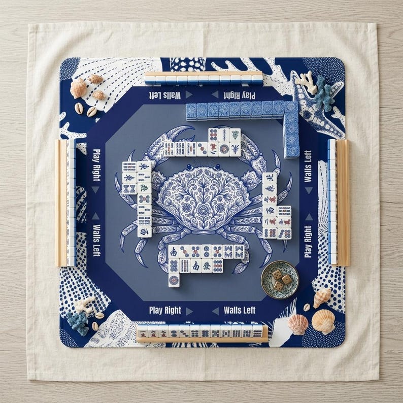 Coastal boho decor meets gaming with this blue mah jongg mat. The intricate floral crab design and nautical theme add a touch of elegant style to your collection of premium mahjong accessories.