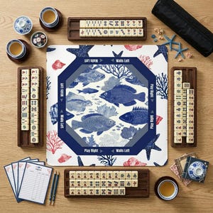 High quality mahjong mats and mahjong accessories for enthusiasts. This mahjong mat features a sea life theme, making it a standout choice among mah jongg mats today.