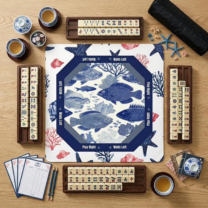 High quality mahjong mats and mahjong accessories for enthusiasts. This mahjong mat features a sea life theme, making it a standout choice among mah jongg mats today.