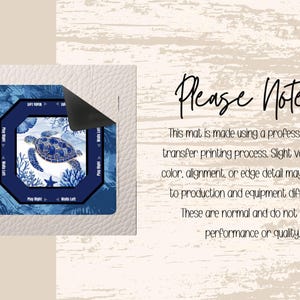 May include: A square mat with a blue and white turtle design. The mat has a dark blue border with text that says "Play Right", "Walks Left", "Safe Home", and "Walks Right". The mat is on a white surface.