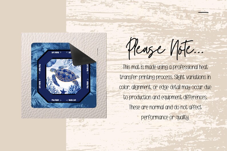 May include: A square mat with a blue and white turtle design. The mat has a dark blue border with text that says "Play Right", "Walks Left", "Safe Home", and "Walks Right". The mat is on a white surface.
