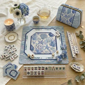 American Mahjong Tiles with Custom Backs, Blue & White Coral Shell Tile Set with Mahjong Mat, Card Holders and Tile Bag image 8