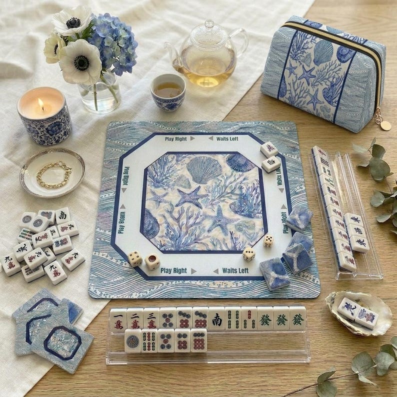 American Mahjong Tiles with Custom Backs, Blue & White Coral Shell Tile Set with Mahjong Mat, Card Holders and Tile Bag image 8
