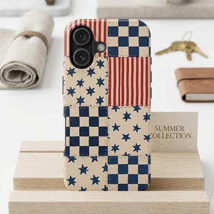Funda para teléfono patriótica - Funda para teléfono de EE. UU. con diseño de patchwork - Funda para teléfono estilo colcha americana - Funda protectora de estrellas y rayas para regalo