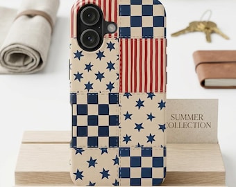 Funda para teléfono patriótica - Funda para teléfono de EE. UU. con diseño de patchwork - Funda para teléfono estilo colcha americana - Funda protectora de estrellas y rayas para regalo