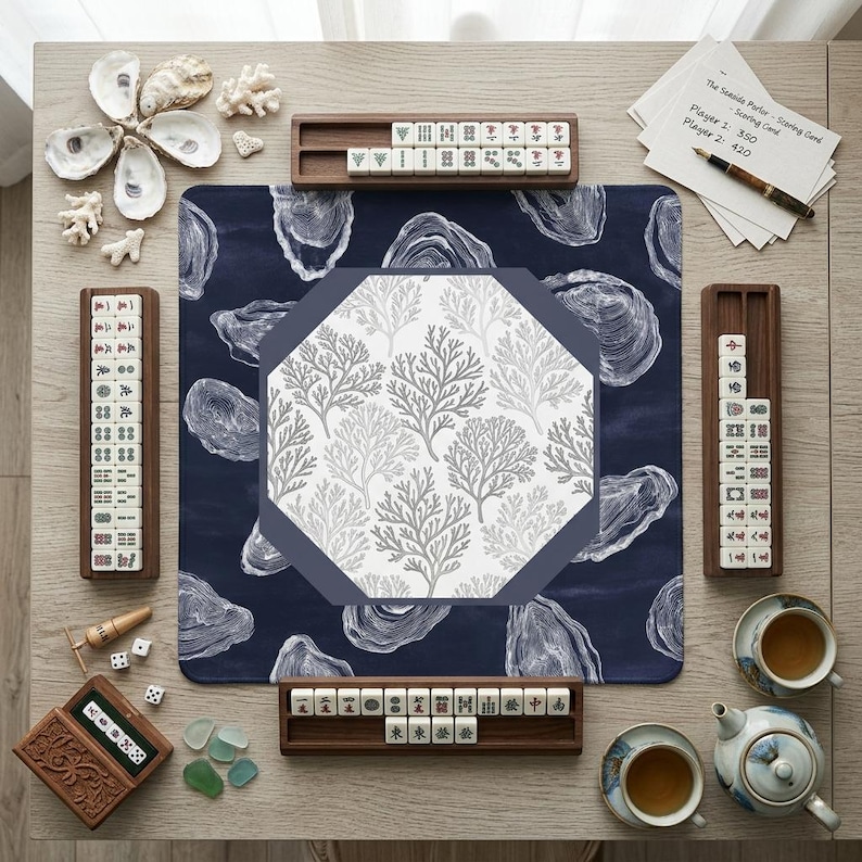 Searching for unique mahjong gift ideas? This elegant mahjong mat with a blue oyster and coral design makes a perfect birthday gift for her. A thoughtful choice among mahjong gifts for any dedicated player looking to upgrade their game setup.