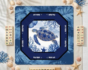 Sea Turtle Mahjong Mat - Blue Coastal Mah Jongg Mat for Game Night, Mahjong Accessories, Mahjong Gift Ideas, Premium Mahjong Table Mat