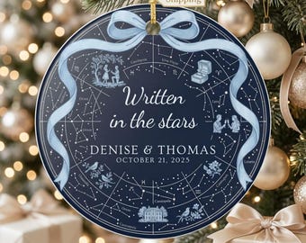 Written in the Stars Wedding Ornament, Coquette Bow Celestial Keepsake, Personalised Wedding Favour Ornament, Star Map Wedding Ornament