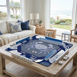 A functional mah jongg mat featuring direction indicators for Walls Left and Play Right. These mahjong accessories are perfect for game night to protect your table and keep your tiles organized.