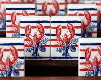American Mahjong Tiles | Red Lobster & Stripe Custom Backs · Mahjong Mat with Rules, Card Holders + Tile Bag - Summer Mahjong Gift