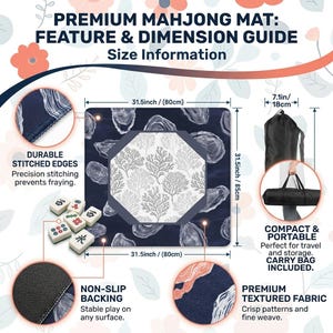 Pu&ograve; includere: Tappetino da mahjong blu navy con design a corallo bianco e grigio, misura 80 cm x 80 cm. Include borsa per il trasporto. Presenta bordi cuciti resistenti e retro antiscivolo. Lo spessore &egrave; di 18 cm.