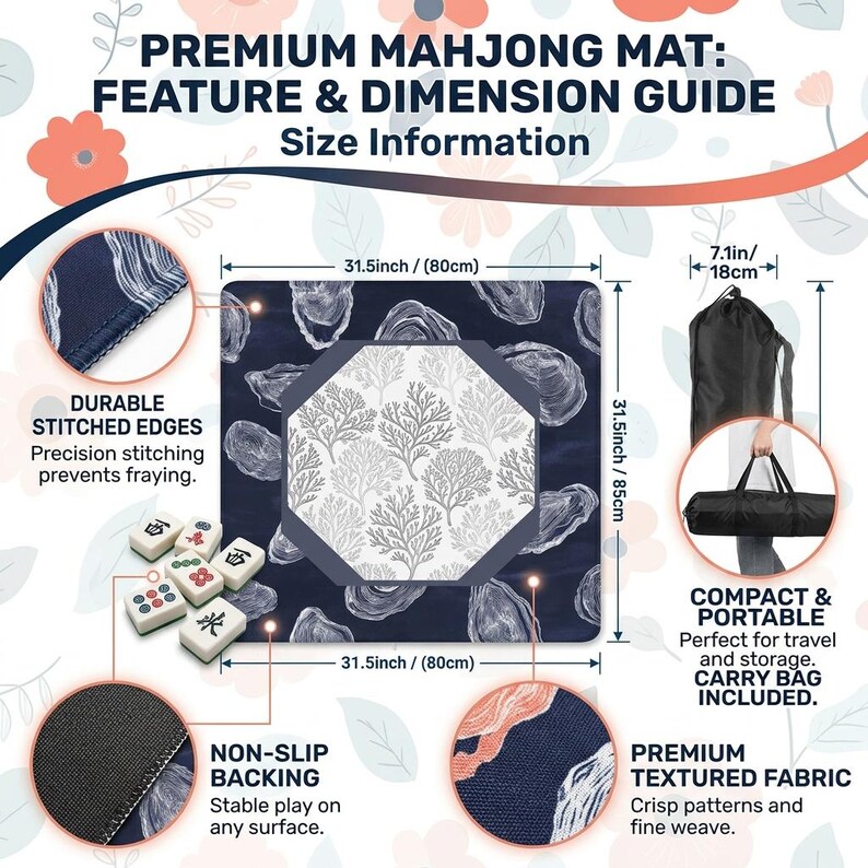 Pu&ograve; includere: Tappetino da mahjong blu navy con design a corallo bianco e grigio, misura 80 cm x 80 cm. Include borsa per il trasporto. Presenta bordi cuciti resistenti e retro antiscivolo. Lo spessore &egrave; di 18 cm.