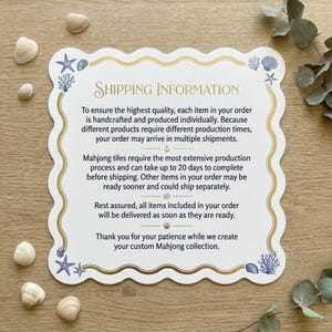 Puede incluir: Una tarjeta cuadrada con bordes festoneados, un borde dorado ondulado e ilustraciones azules de estrellas de mar, conchas y coral. El texto dice: Shipping Information, To ensure the highest quality, each item in your order is handcrafted.