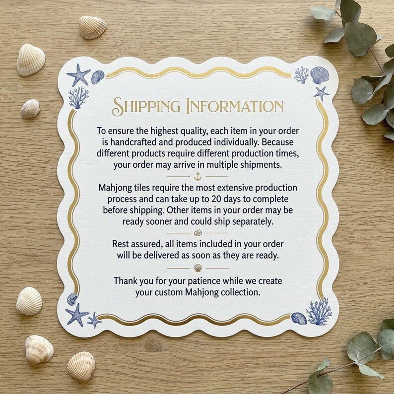 Puede incluir: Una tarjeta cuadrada con bordes festoneados, un borde dorado ondulado e ilustraciones azules de estrellas de mar, conchas y coral. El texto dice: Shipping Information, To ensure the highest quality, each item in your order is handcrafted.