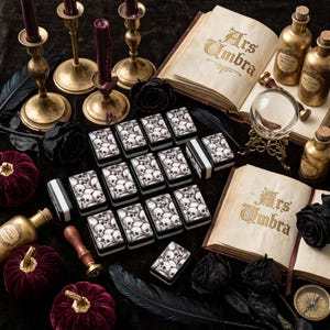 Gothic skull mahjong tiles displayed on a black tablecloth with candles and dark florals for a moody Halloween game night setup.