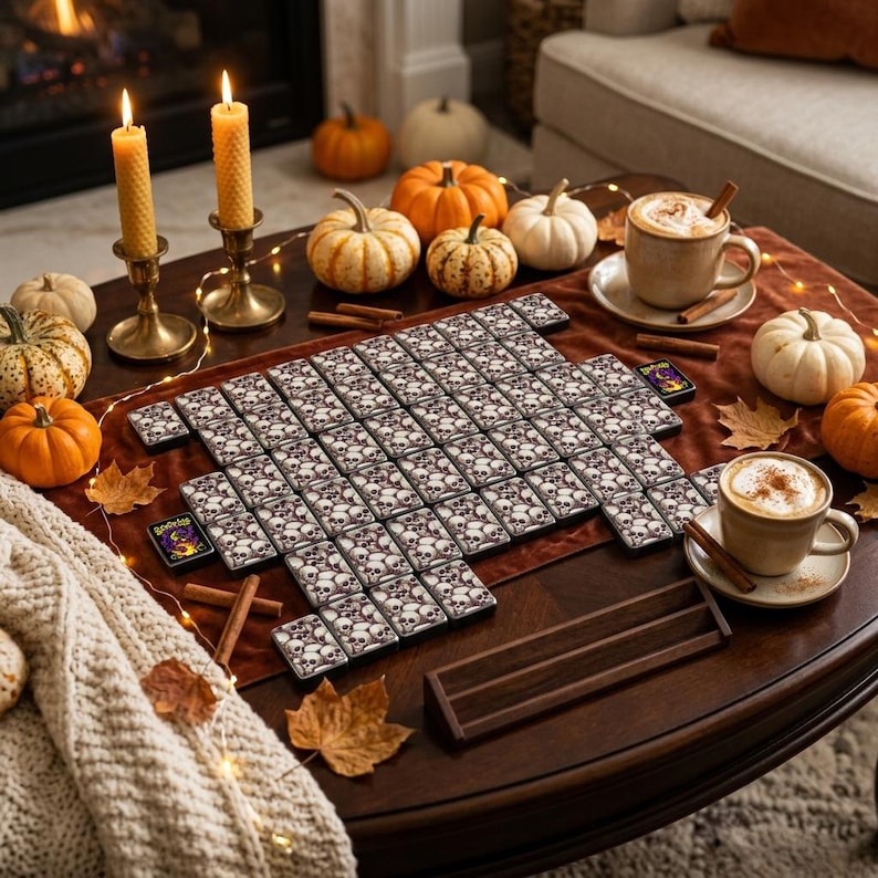 Overhead view of a complete Halloween mahjong tile set with ivory and charcoal gothic skull artwork, arranged in rows on a dark wood surface.
