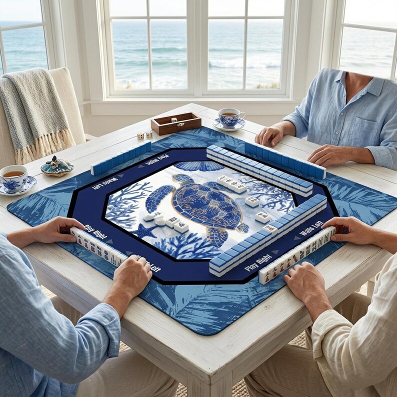 High quality mahjong mats with a non-slip rubber backing and smooth fabric surface. This durable mahjong table mat features a vibrant blue sea turtle print designed for professional gameplay and years of enjoyment.