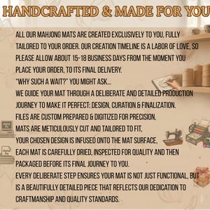 May include: Text on a beige background reads "HANDCRAFTED & MADE FOR YOU." The text describes the process of creating custom mahjong mats, including design, cutting, and quality inspection. The text also mentions the mats are tailored to order.