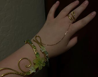 Adjustable Wrist Cuff with Hand Chain - Whimsical Jewerly - Cottagecore Bracelet - Wire Arm Cuff