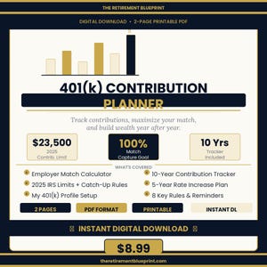 May include: A digital download graphic for a 401(k) contribution planner. The design features a dark blue background with gold and white text. Key elements include a $23,500 contribution limit, a 100% match capture goal, and a 10-year tracker. The planner is a 2-page PDF.