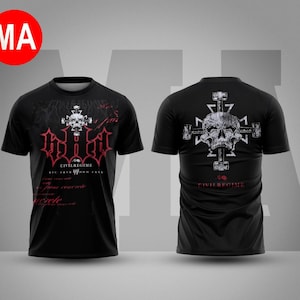 May include: Black t-shirt featuring a skull and cross design with the text "CIVIL REGIME". The front of the shirt has a red and white graphic design. The back of the shirt also features a skull and cross design.